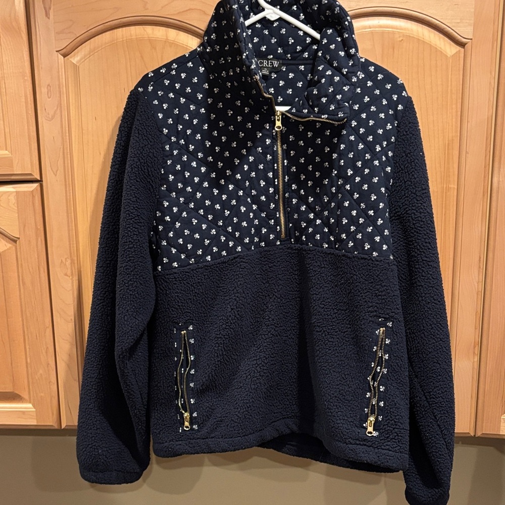 J. Crew Navy Quilted Jacket with White Floral Pattern